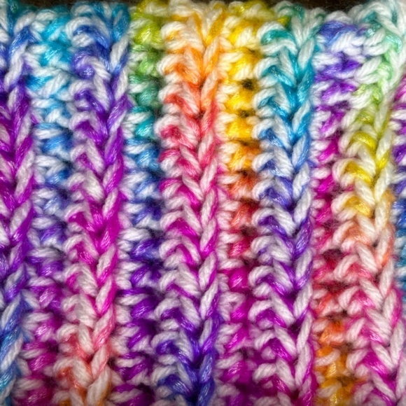 Handcrafted Crochet Winter Hat Rainbow Ice Yarn White Big Twist Cat Ear Ribbed - Picture 13 of 14